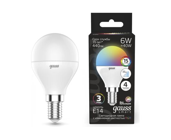  Лампа светодиодная Gauss 105101406 6Вт цок.E14 шар 220B св.свечения RGB уп.:1шт) 
