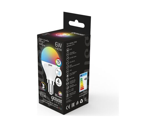  Лампа светодиодная Gauss 105101406 6Вт цок.E14 шар 220B св.свечения RGB уп.:1шт) 