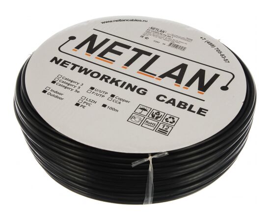  Витая пара NETLAN EC-UU004-5E-PE-BK-1 UTP кат.5e, 4 пары, CU, 0.47 мм, 100м., внешний, одножильный, черный 