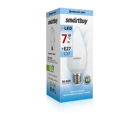  Лампа светодиодная SMARTBUY C37 7Вт 220V 4000K E27 (свеча, нейтральный свет) (1/10/50) 