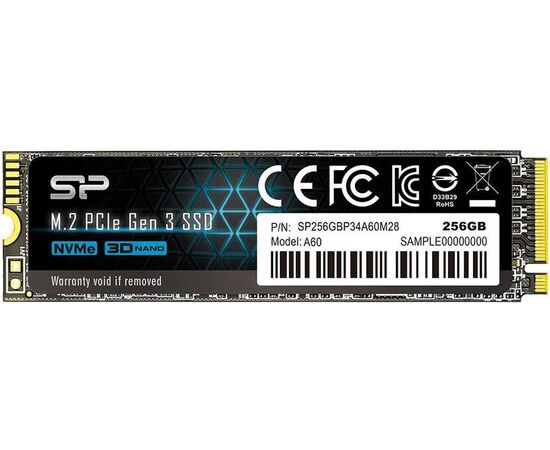  SSD M.2 256GB PCI-E3.0x4 NVMe Silicon Power P34A60, box (SP256GBP34A60M28) (2280, 3D TLC, SM2263XT, R/W: up to 2000/1100MB/s, MTBF: 2 млн. часов, 150 TBW) 