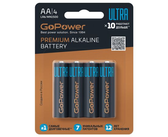  Батарейка GoPower ULTRA LR6 AA BL4 Alkaline 1.5V (4/40/480) 