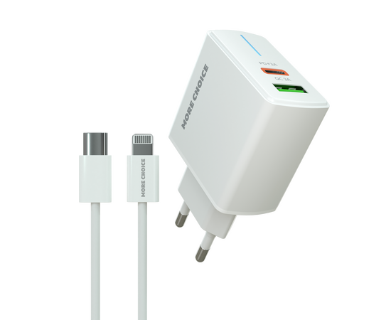  СЗУ 1USB+1USB-C 3.0A PD 20W+QC3.0 быстрая зарядка для Lightning 8-pin Type-C More choice NC61i (White) 