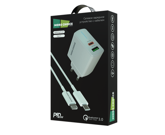  СЗУ 1USB+1USB-C 3.0A PD 20W+QC3.0 быстрая зарядка для Lightning 8-pin Type-C More choice NC61i (White) 
