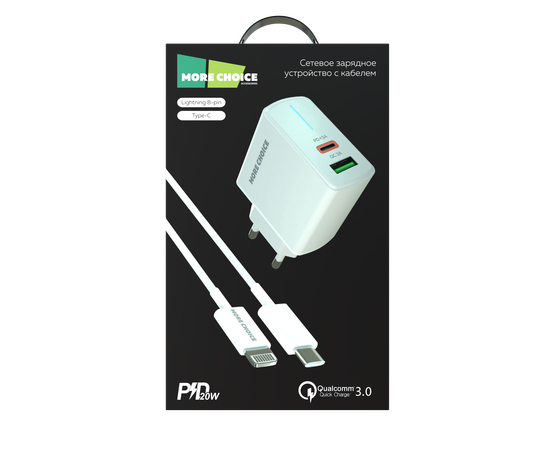  СЗУ 1USB+1USB-C 3.0A PD 20W+QC3.0 быстрая зарядка для Lightning 8-pin Type-C More choice NC61i (White) 