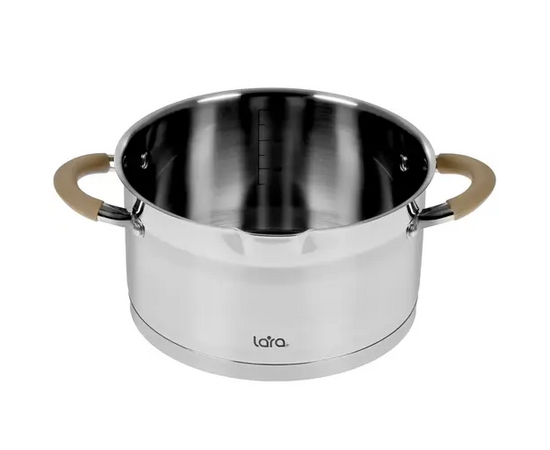  Кастрюля LARA LR02-343 (нерж) серия <Берлин> 4,4л 22x12см капс.дно, шкала, силик.накл, крыш.-дуршлаг 